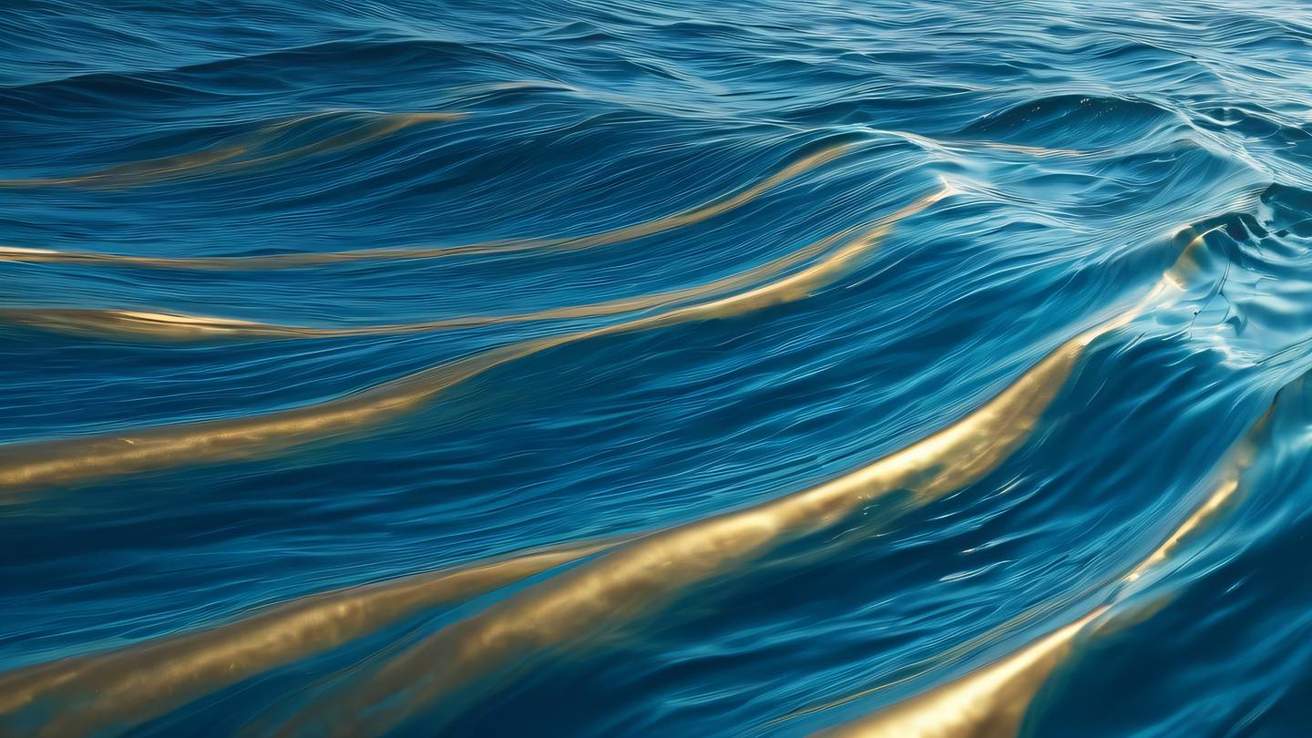 Flowing abstract waves resembling ocean currents bright cerulean blue mixed with metallic gold streaks captured from side perspective high-quality ultra-realistic cinematic 8K UHD high resolution sharp and detail