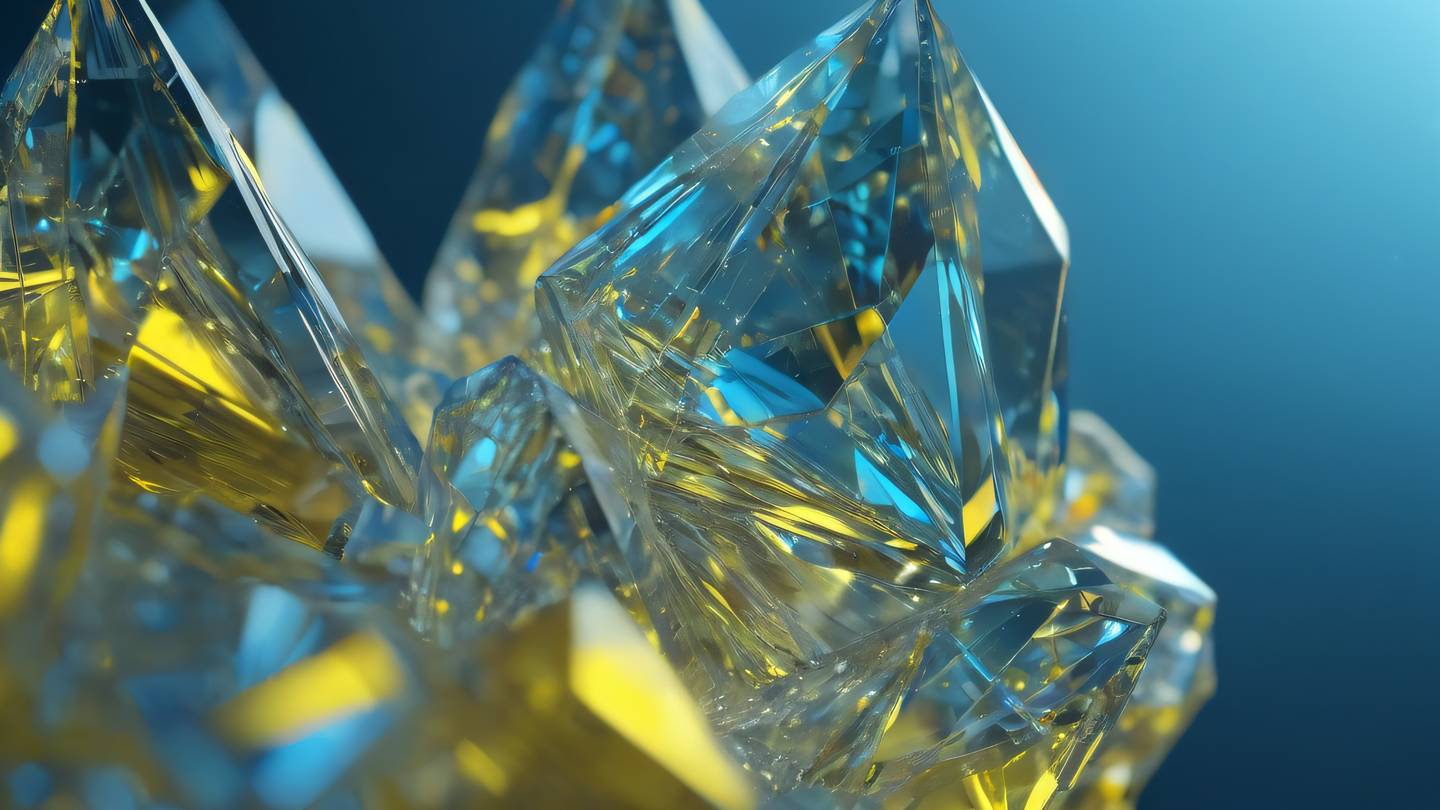 Crystal-like geometric structures with bright yellow and blue refractions emerging from a minimalist background macro close-up shot high-quality ultra-realistic cinematic 8K UHD high resolution sharp and detail