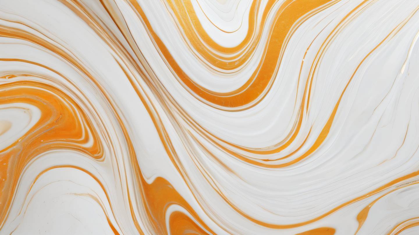 Organic flowing textures resembling marble patterns with swirling orange and iridescent gold elements against a bright white background top-down view high-quality ultra-realistic cinematic 8K UHD high resolution sharp and detail