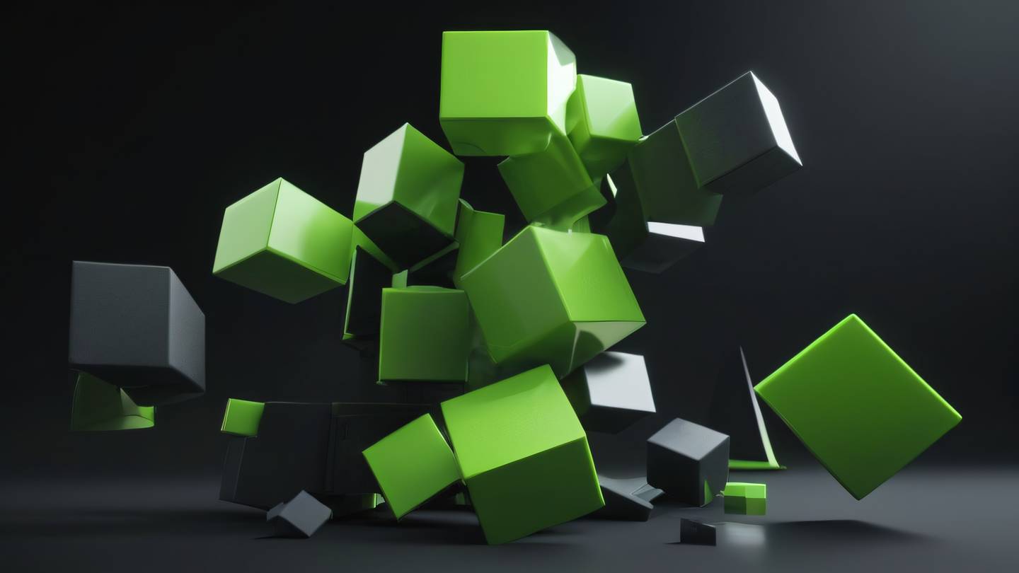 Abstract geometric shapes representing building blocks of programming language featuring sharp edges and floating elements in lime green and crisp white colors against deep charcoal background shot from low angle perspective with dramatic lighting high-quality ultra-realistic cinematic 8K UHD high resolution sharp and detail
