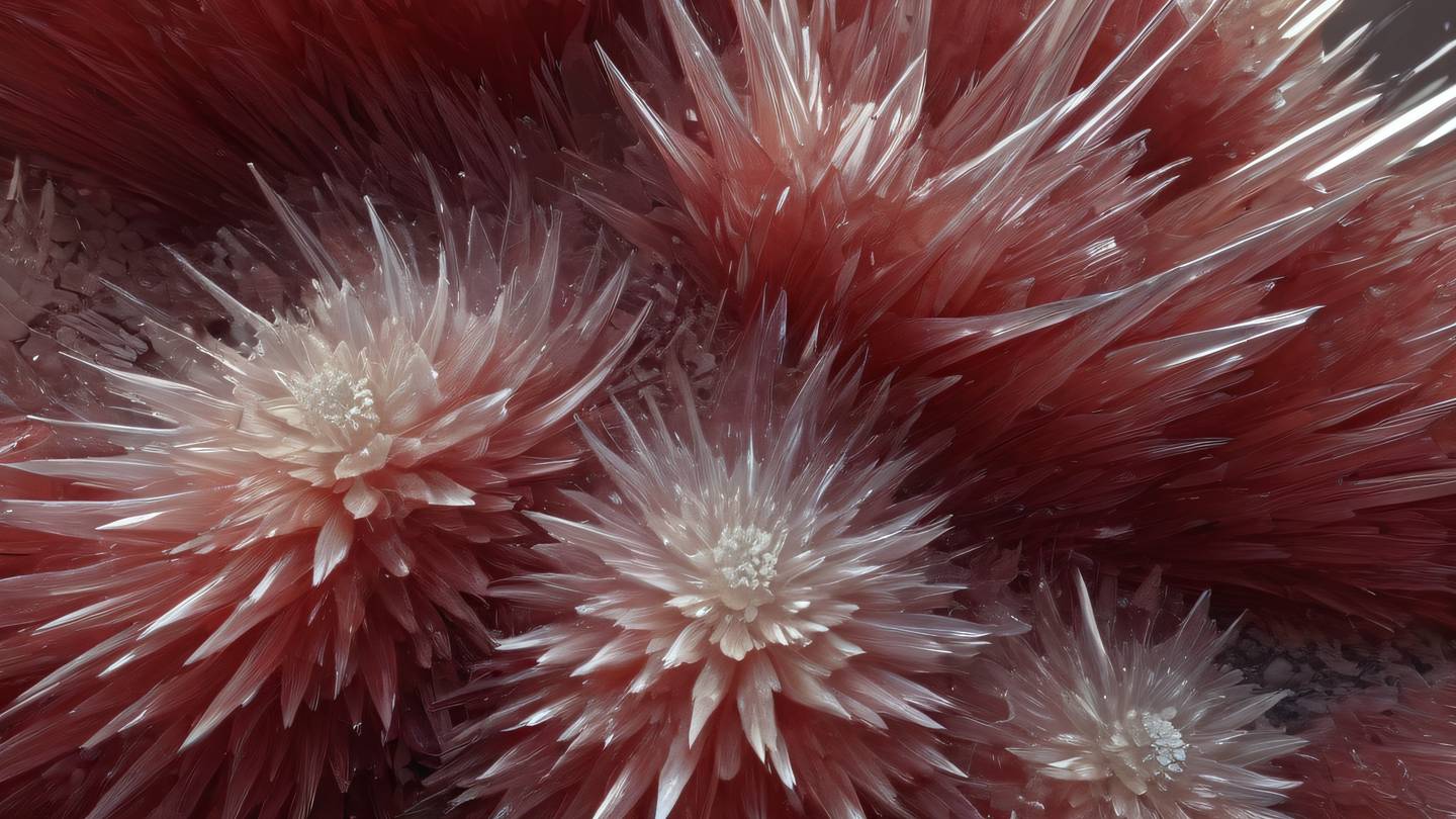 Structured crystal formations emerging from smooth surface with warm whites and deep reds creating natural gradient patterns captured from top-down aerial perspective high-quality ultra-realistic cinematic 8K UHD high resolution sharp and detail