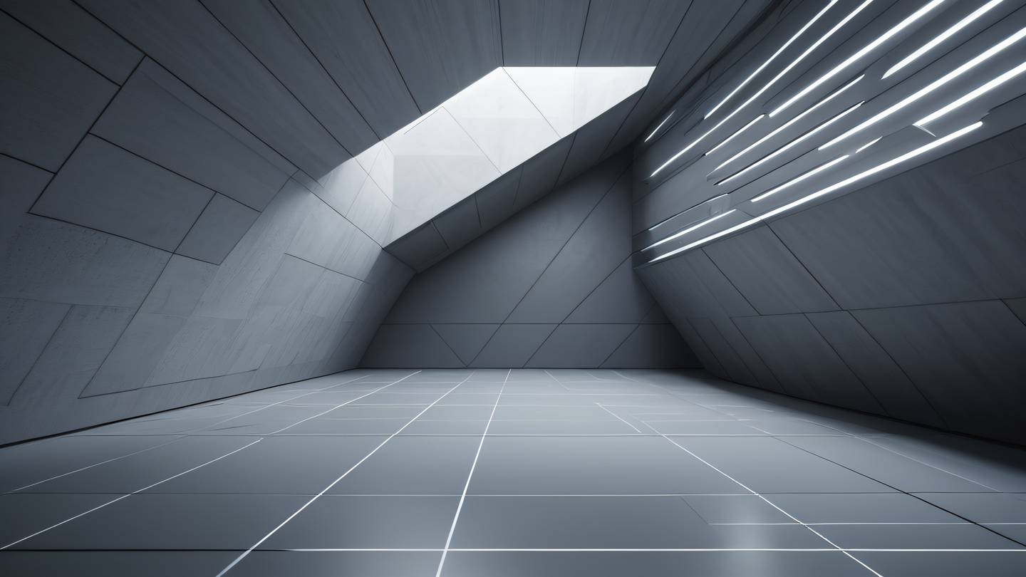 Modern architectural space with minimalist geometric patterns featuring clean lines in shades of cool greys and subtle shadows photographed from diagonal perspective high-quality ultra-realistic cinematic 8K UHD high resolution sharp and detail