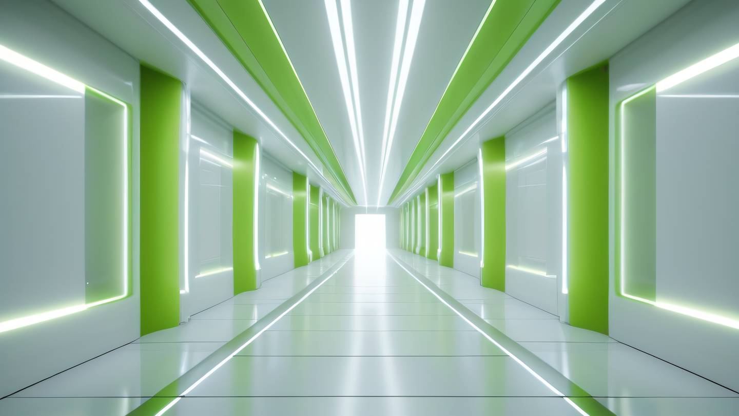 Futuristic corridor with sleek intersecting light rays streaming through geometric windows in bright lime green and stark white colors shot from straight-on perspective with vanishing point high-quality ultra-realistic cinematic 8K UHD high resolution sharp and detail