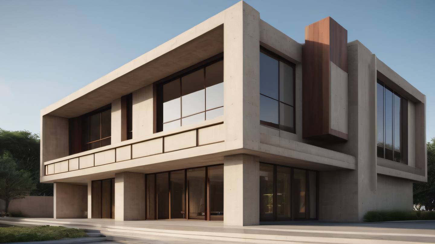 A modern concrete architectural structure with geometric shapes and large windows featuring rich brown and mahogany tones contrasting with cream colored elements shot from a low upward angle perspective high-quality ultra-realistic cinematic 8K UHD high resolution sharp and detail
