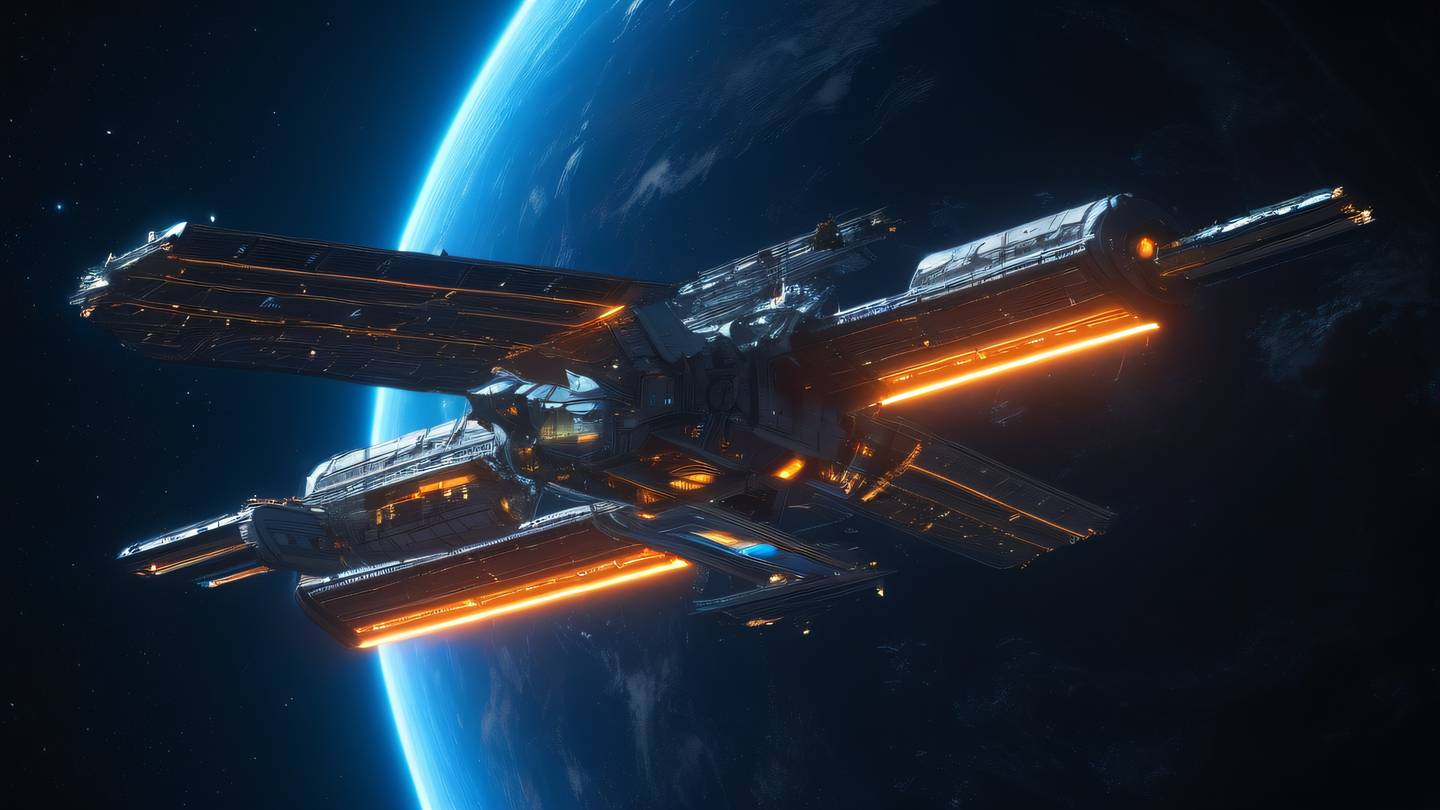 An abstract representation of a space station floating in the cosmic void illuminated by bright neon blue and electric orange lighting viewed from a dramatic diagonal angle high-quality ultra-realistic cinematic 8K UHD high resolution sharp and detail
