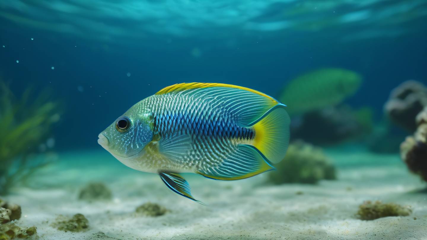 An artistic visualization of a tropical fish swimming through crystal clear water with vibrant green and electric blue colors creating dynamic patterns captured from a side profile angle high-quality ultra-realistic cinematic 8K UHD high resolution sharp and detail