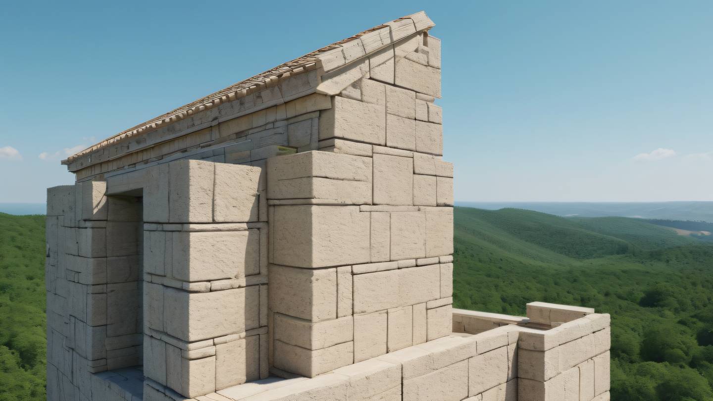 A minimalist stone structure against a bright sky featuring clean lines and geometric patterns in warm stone colors contrasting with bright green architectural elements photographed from a bird's eye view angle high-quality ultra-realistic cinematic 8K UHD high resolution sharp and detail