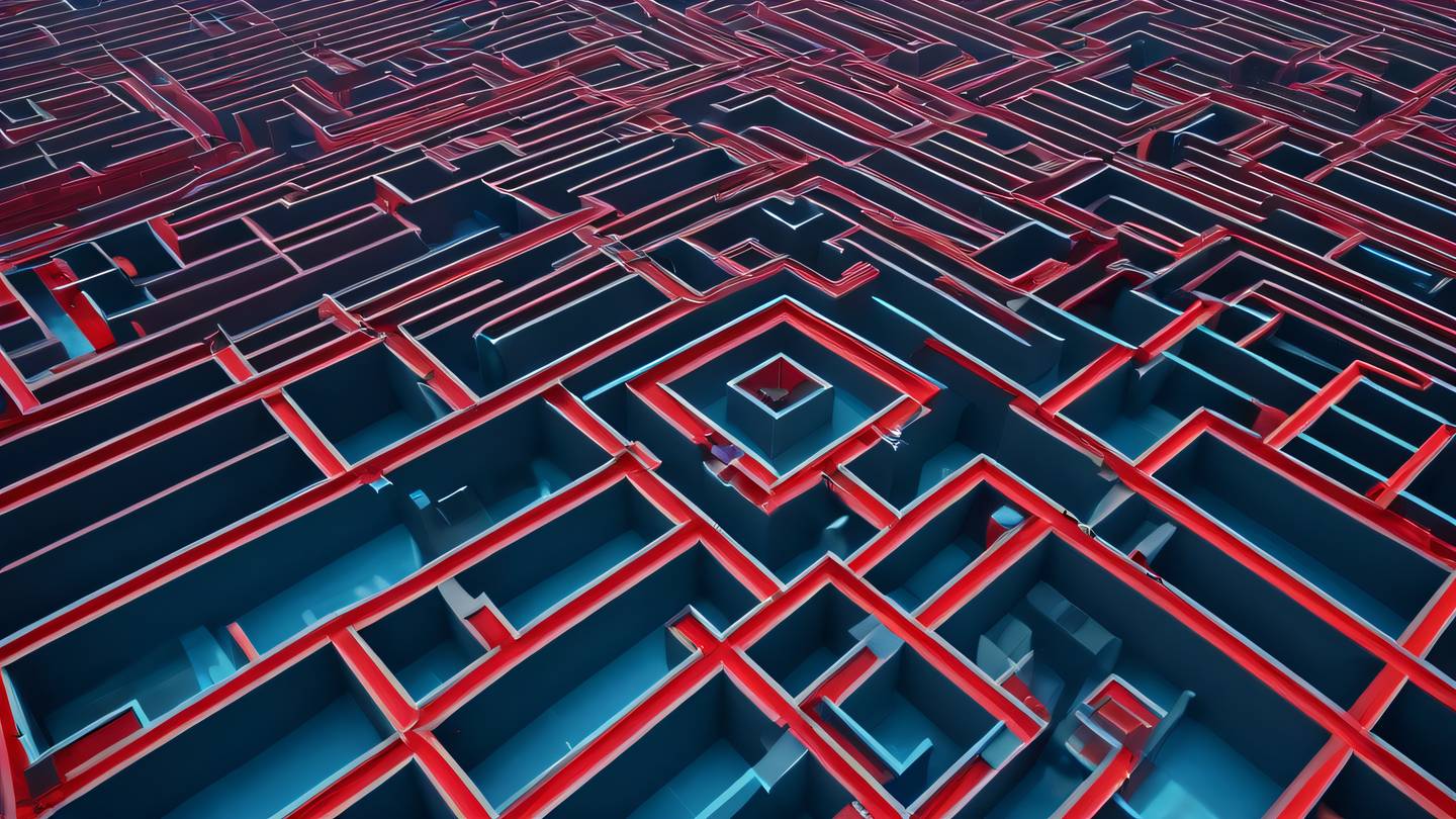 An aerial view of a complex maze pattern made of bright red and light blue geometric shapes captured from directly above showcasing interconnected pathways high-quality ultra-realistic cinematic 8K UHD high resolution sharp and detail