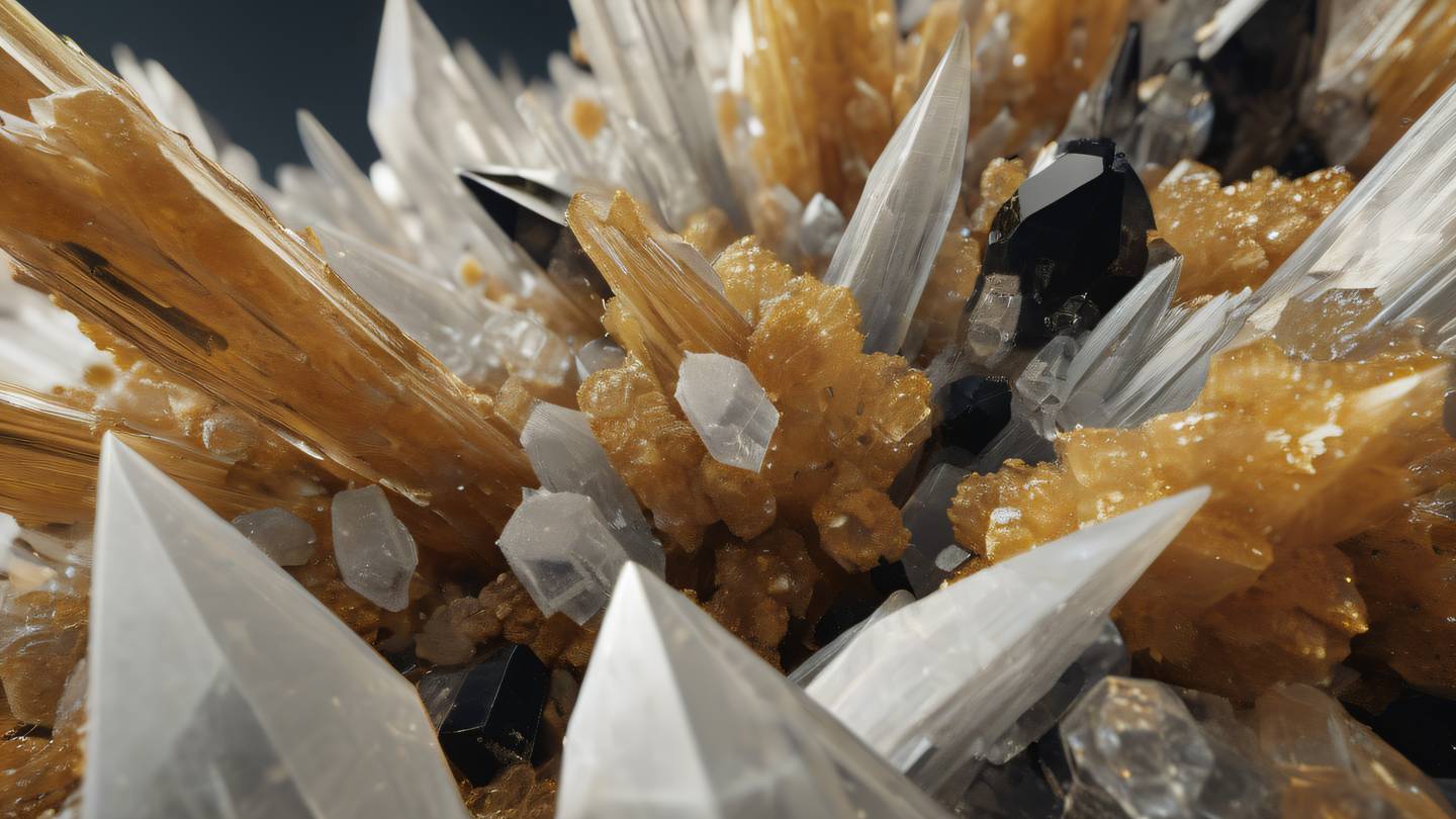 A close-up macro shot of abstract crystalline structures featuring ochre and off-white colors with black accents captured from a low angle perspective high-quality ultra-realistic cinematic 8K UHD high resolution sharp and detail