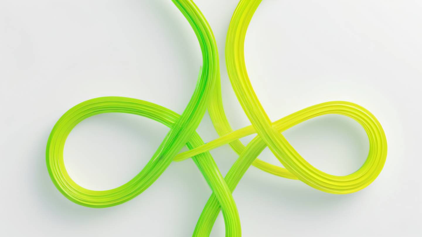 A modern abstract representation of two intertwining streams one structured and crystalline (representing TypeScript) and one fluid and dynamic (representing JavaScript) captured from a top-down aerial perspective. The color scheme features bright yellow gradients blending into neon green creating a vibrant contrast against a clean off-white background. Ultra-realistic cinematic 8K UHD high resolution sharp and detailed