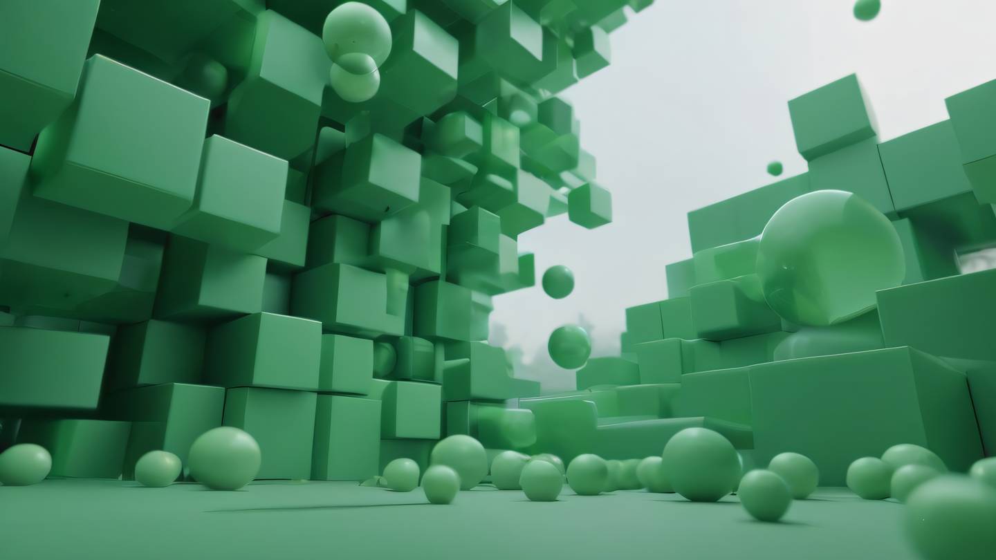 Abstract geometric landscape featuring floating cubes and spheres representing code structure and organization. Composed with sage and pine green color palette shot from a low angle perspective creating a sense of grandeur and scale. High-quality ultra-realistic cinematic 8K UHD high resolution sharp and detail