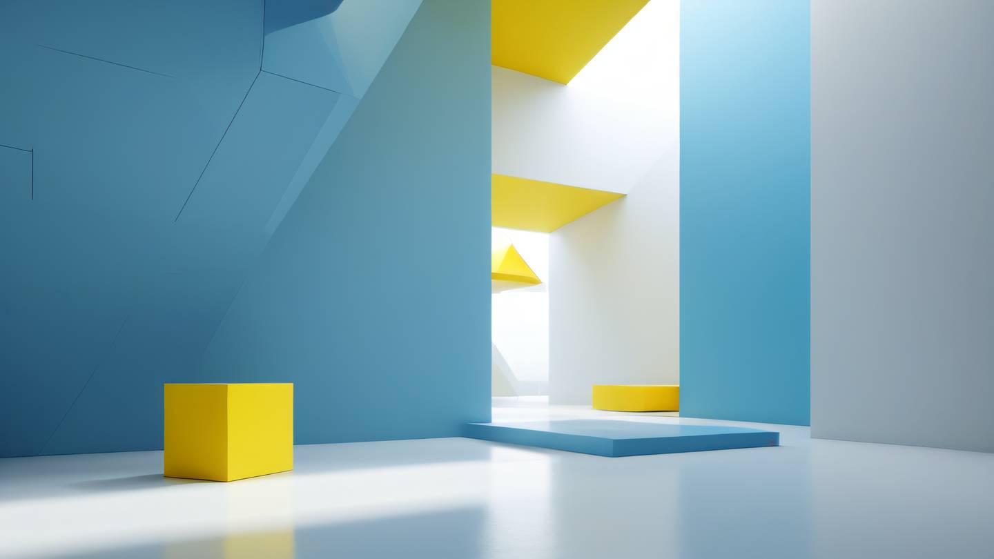 A minimalist architectural interior space with floating geometric shapes representing development tools and IDE features. Cool blues and bright yellows create a striking contrast viewed from a diagonal perspective emphasizing depth. High-quality ultra-realistic cinematic 8K UHD high resolution sharp and detail