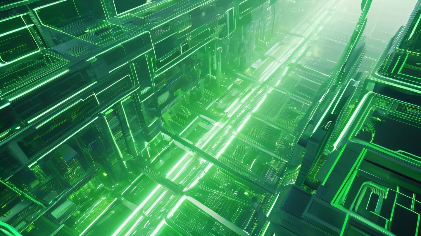 Abstract futuristic landscape with overlapping translucent layers representing the merging of different technologies. Rendered in bright neon green and off-white tones captured from a dramatic upward angle perspective. High-quality ultra-realistic cinematic 8K UHD high resolution sharp and detail