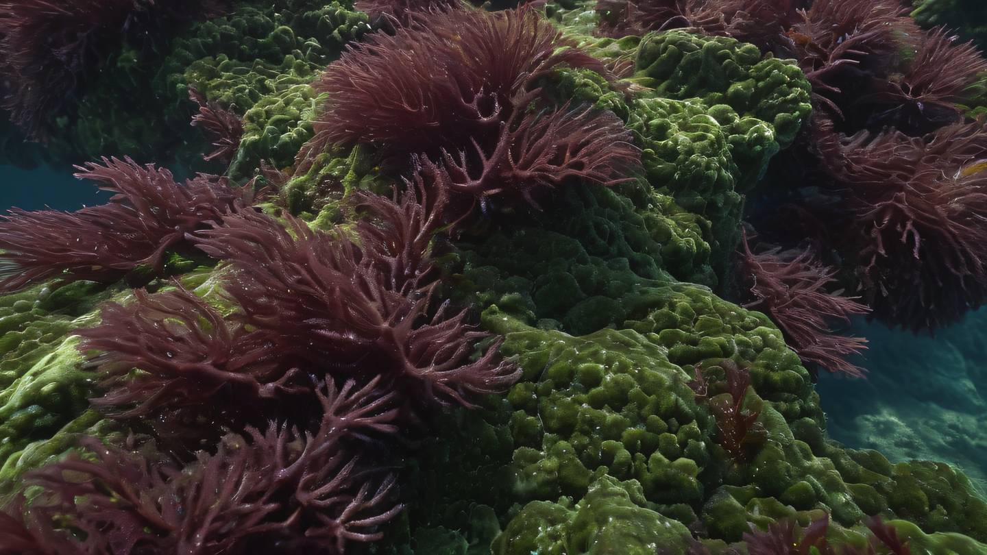 Macro shot of seaweed formations in ocean creating abstract patterns rich maroon and seaweed green colors camera angle from side view with slight tilt high-quality ultra-realistic cinematic 8K UHD high resolution sharp and detail