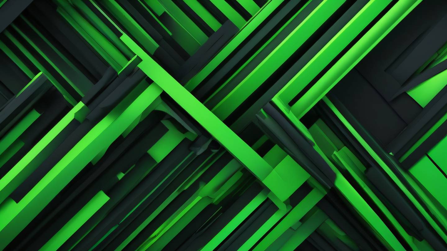 Abstract geometric patterns in bright green and black colors viewed from a 45-degree angle featuring sharp angular shapes and clean lines high-quality ultra-realistic cinematic 8K UHD high resolution sharp and detail