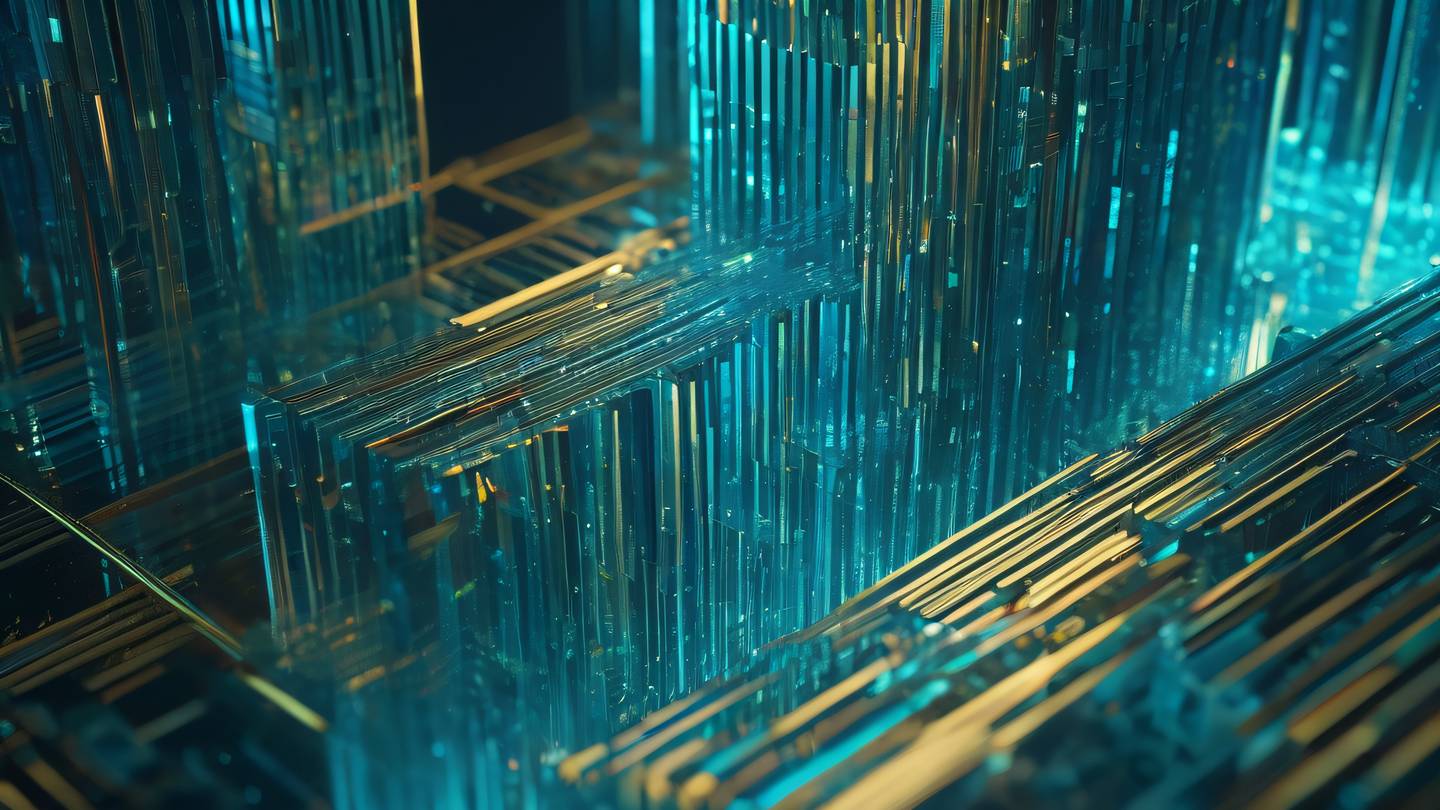 A floating abstract geometric structure resembling crystalline code patterns rendered in holographic iridescent blues and cyans with gold accents sharp crystalline forms catching light flowing data streams high-quality ultra-realistic cinematic 8K UHD high resolution sharp and detail shot from below looking up