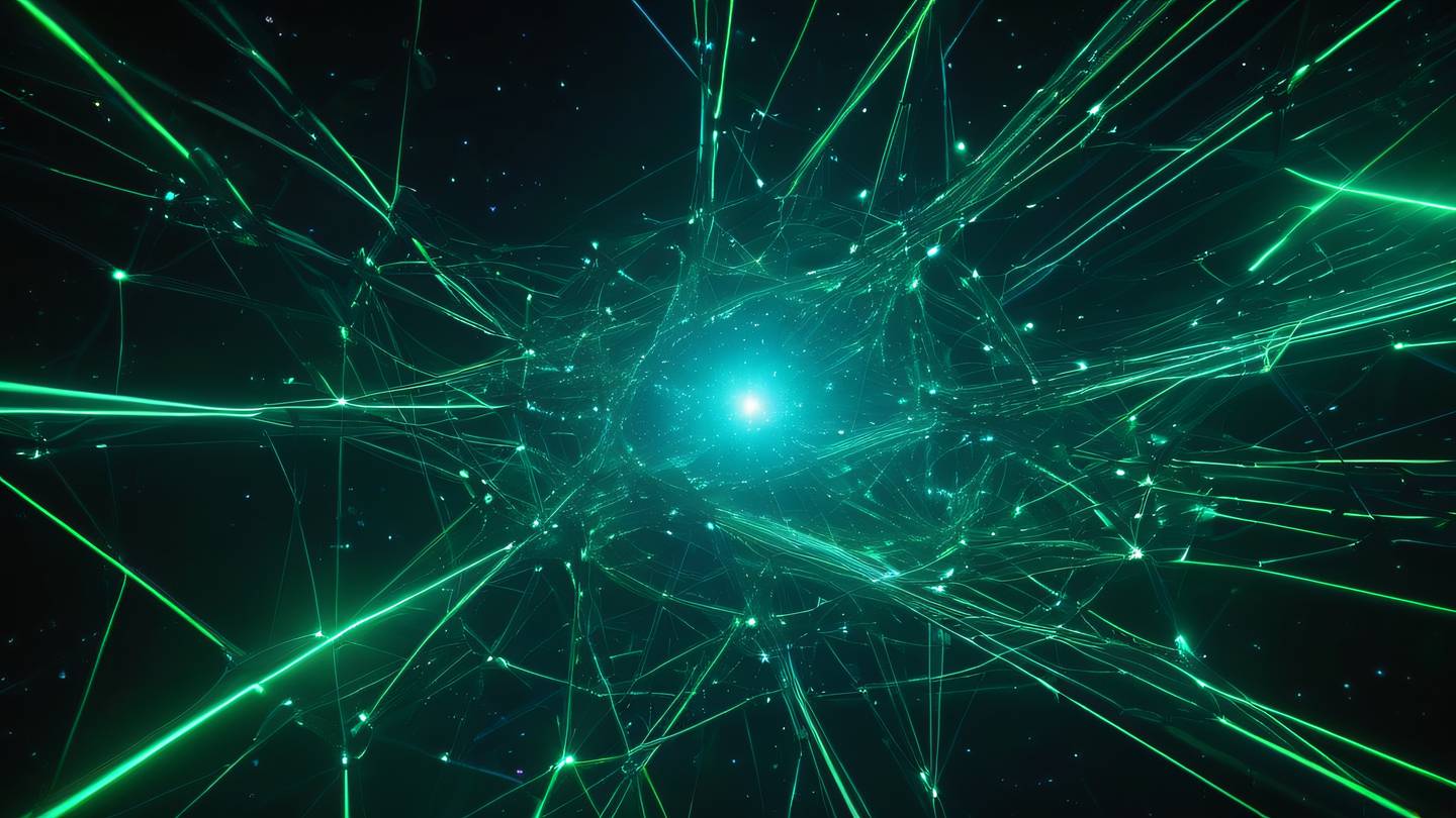 Abstract cosmic scene with interconnected nodes floating in space rendered in bright neon greens and electric blues against deep black featuring glowing energy paths between elements high-quality ultra-realistic cinematic 8K UHD high resolution sharp and detail wide angle shot