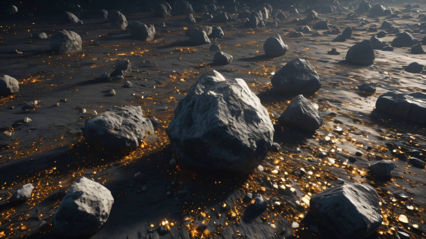 A rocky asteroid field with floating geometric shapes gold and white color scheme with subtle orange accents particles of light floating through space high-quality ultra-realistic cinematic 8K UHD high resolution sharp and detail dutch angle shot