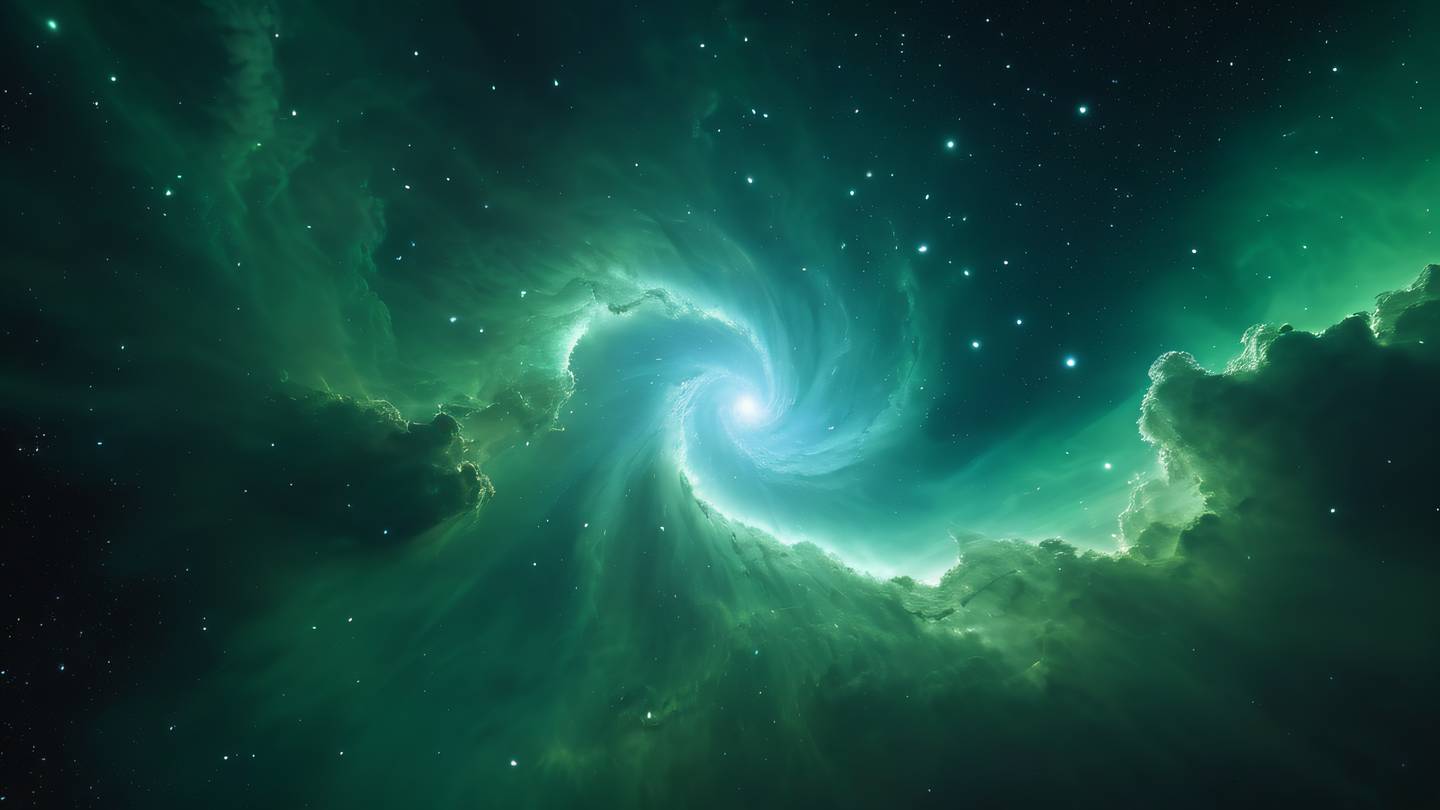 An ethereal nebula formation with swirling clouds and light streams featuring bright whites and electric greens creating a luminous cosmic display distant stars twinkling in the background high-quality ultra-realistic cinematic 8K UHD high resolution sharp and detail dramatic low angle shot