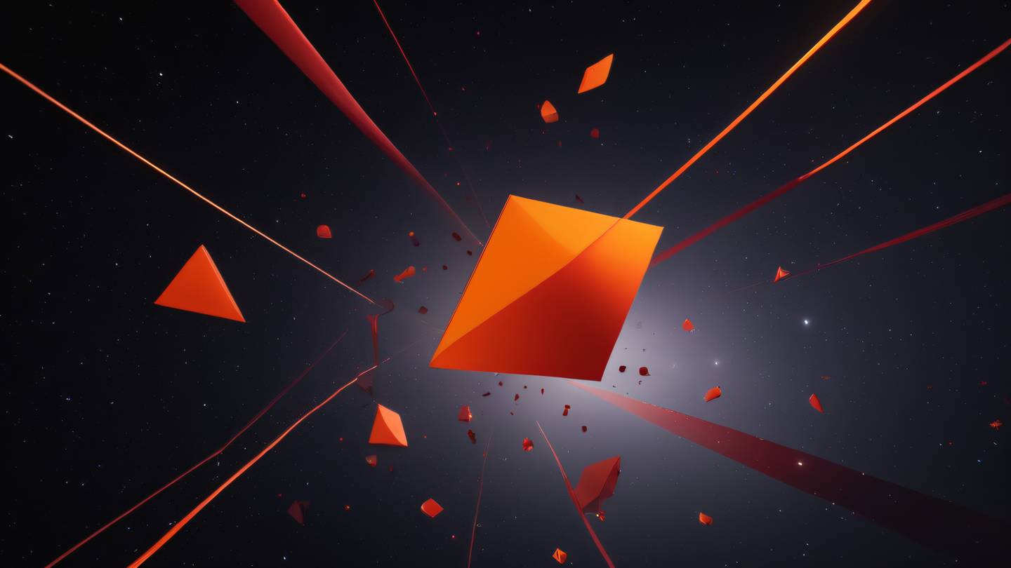 A minimalist abstract representation of error handling shown through interconnected geometric shapes floating in space featuring bold orange and blood red gradients viewed from a dramatic low angle perspective high-quality ultra-realistic cinematic 8K UHD high resolution sharp and detail
