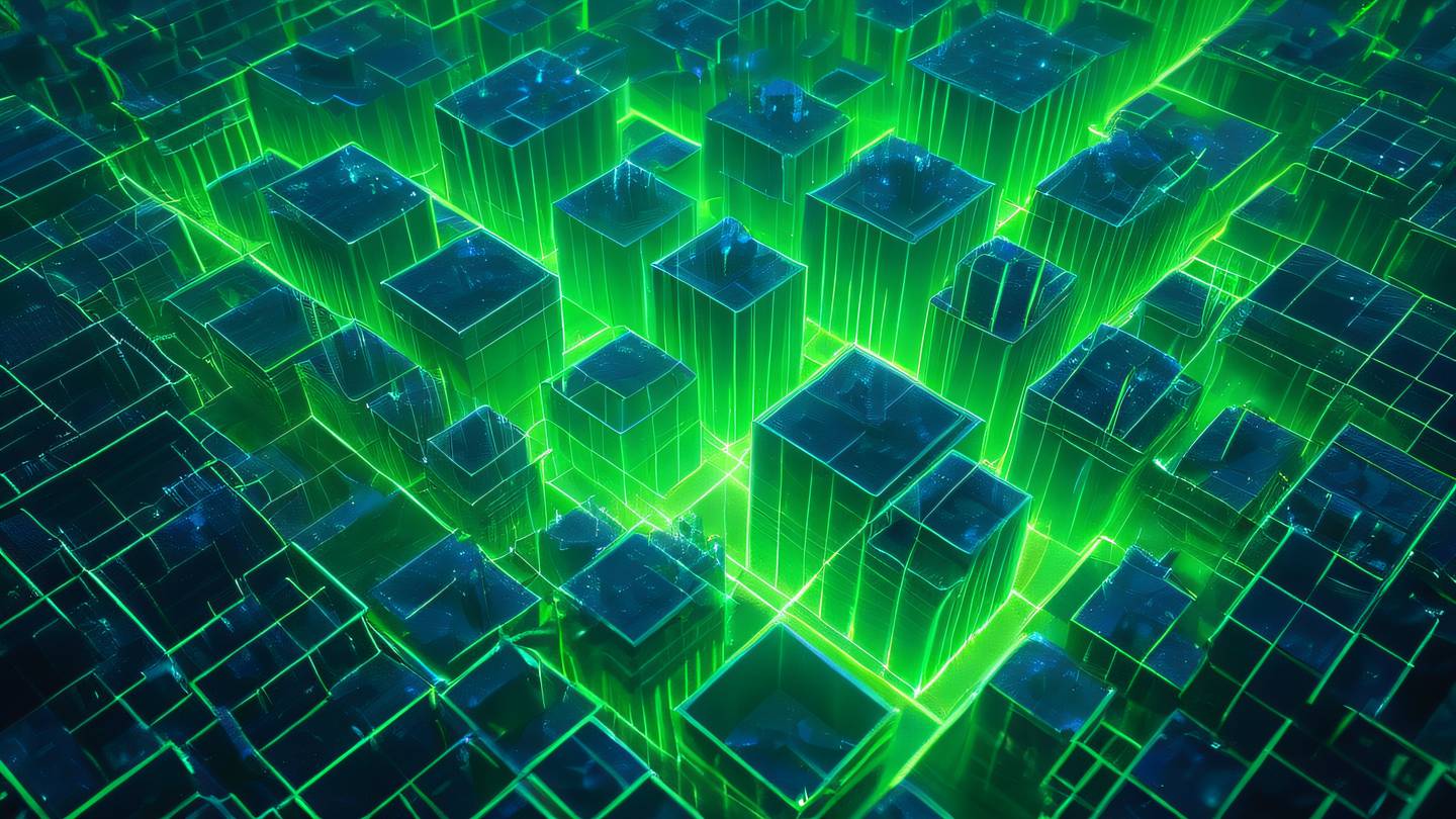 Abstract geometric landscape featuring floating crystalline structures in neon green and electric blue colors captured from an aerial perspective emphasizing depth and dimension high-quality ultra-realistic cinematic 8K UHD high resolution sharp and detail