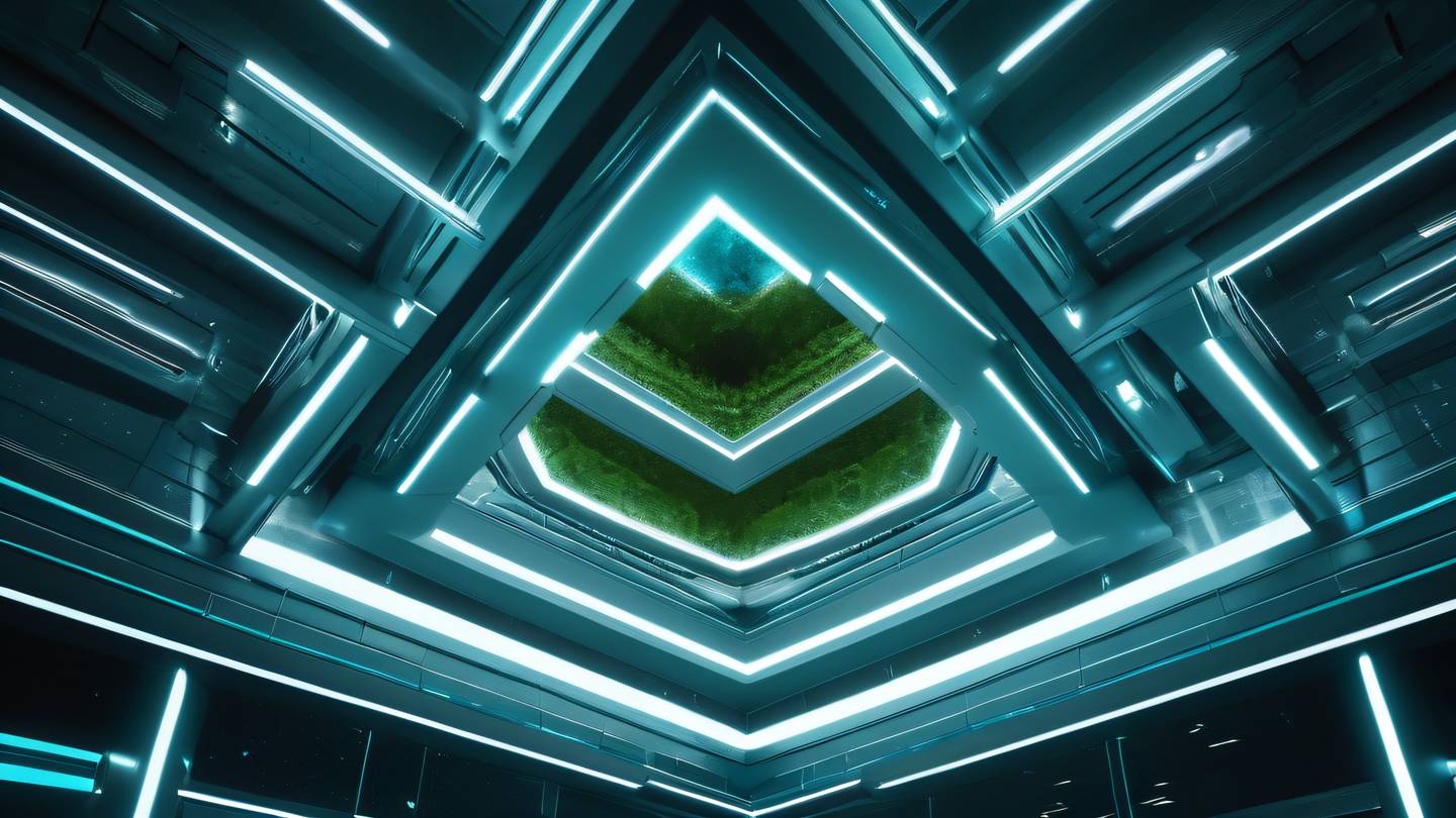 Modern futuristic architectural structure floating in space with clean lines and geometric patterns illuminated in Turquoise blue and fresh moss green shot from a dramatic upward angle high-quality ultra-realistic cinematic 8K UHD high resolution sharp and detail
