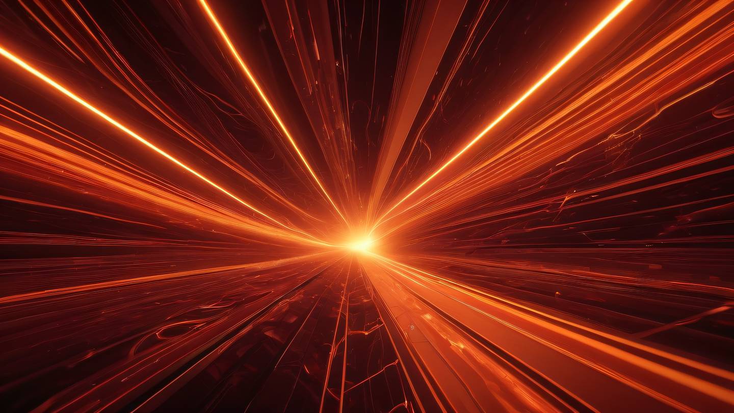 Dynamic abstract composition with flowing energy streams and geometric patterns in bold orange and blood red tones viewed from a bird's eye perspective high-quality ultra-realistic cinematic 8K UHD high resolution sharp and detail