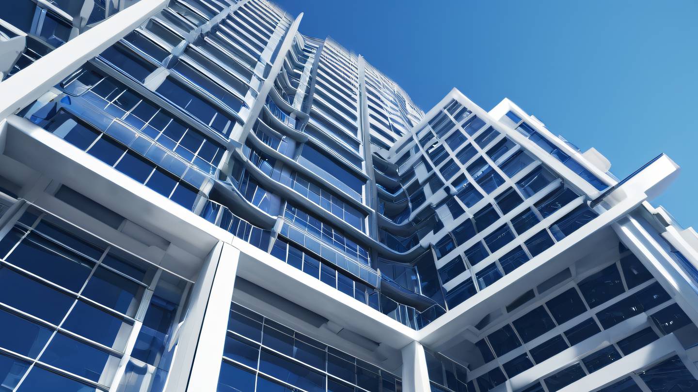 Modern futuristic architecture with geometric patterns and floating elements showcasing clean lines and structural harmony. Dominant colors: cobalt blue and off-white. Camera angle: low angle shot toward sky architectural elements stretching upward. high-quality ultra-realistic cinematic 8K UHD high resolution sharp and detail