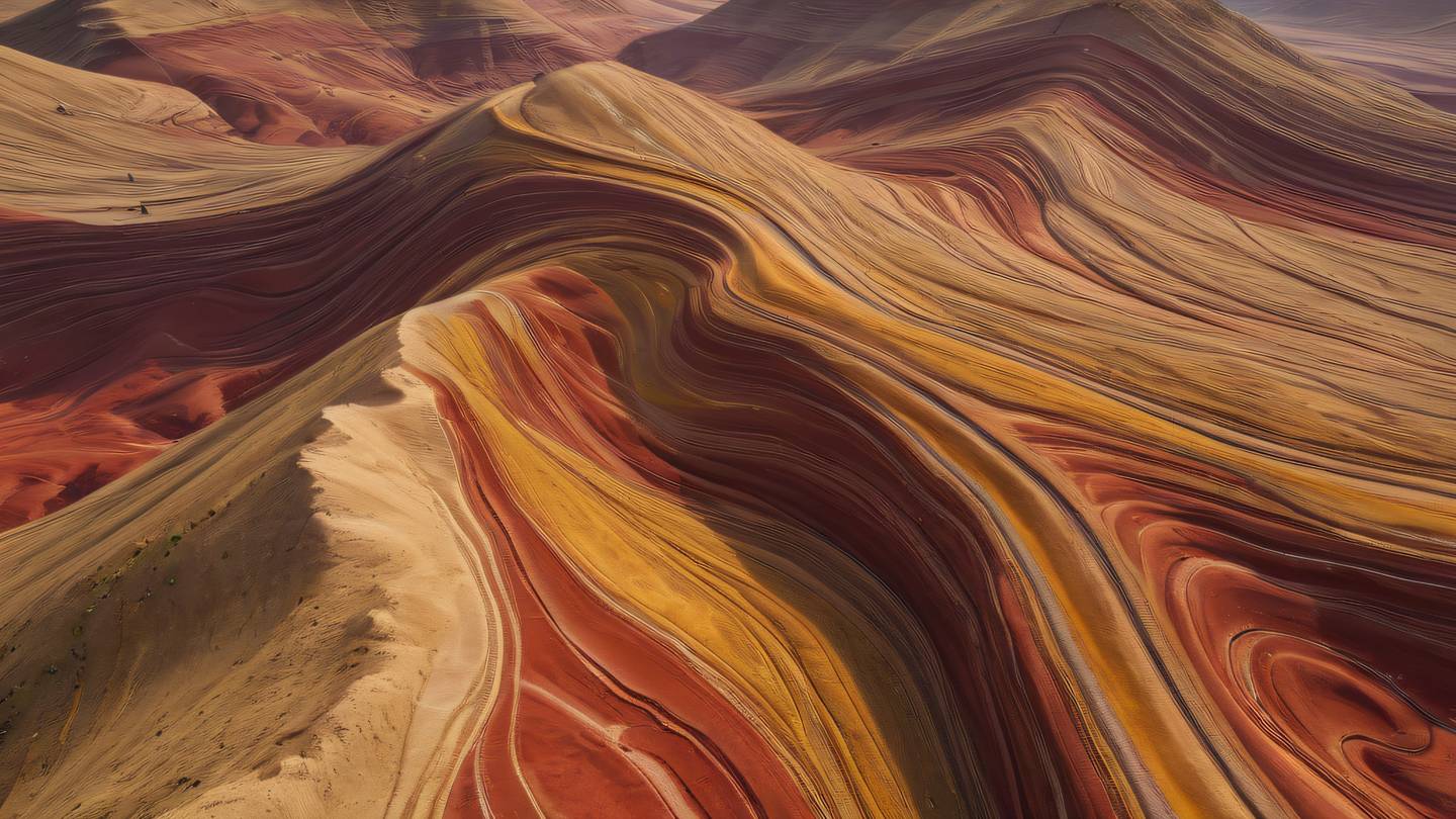 Abstract landscape with flowing curves and layers representing organized structure and patterns. Dominant colors: ochre and grapeseed with perfect red accents. Camera angle: aerial view looking down at abstract terrain. high-quality ultra-realistic cinematic 8K UHD high resolution sharp and detail