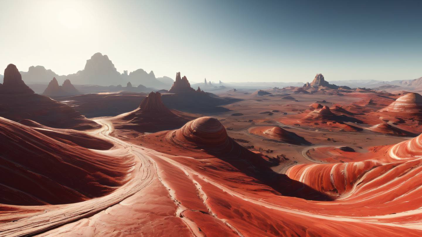 Planetary landscape with geometric structures integrated into natural formations representing harmony between structure and flexibility. Dominant colors: off-white and perfect red with black shadows. Camera angle: wide panoramic shot capturing the horizon. high-quality ultra-realistic cinematic 8K UHD high resolution sharp and detail