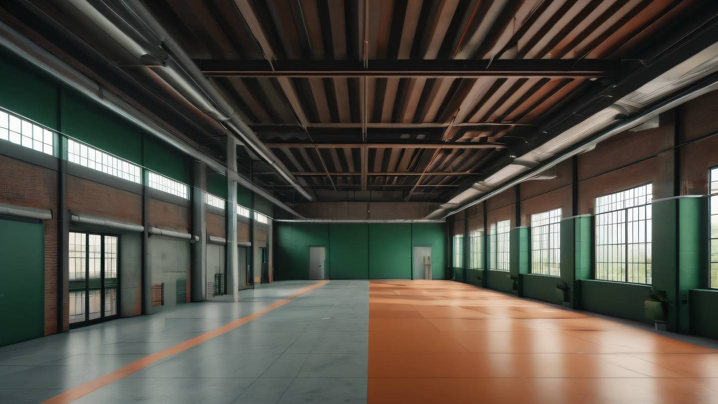Modern industrial interior with geometric patterns and clean lines featuring Rustic terracotta and forest green color scheme shot from a low angle perspective high-quality ultra-realistic cinematic 8K UHD high resolution sharp and detail