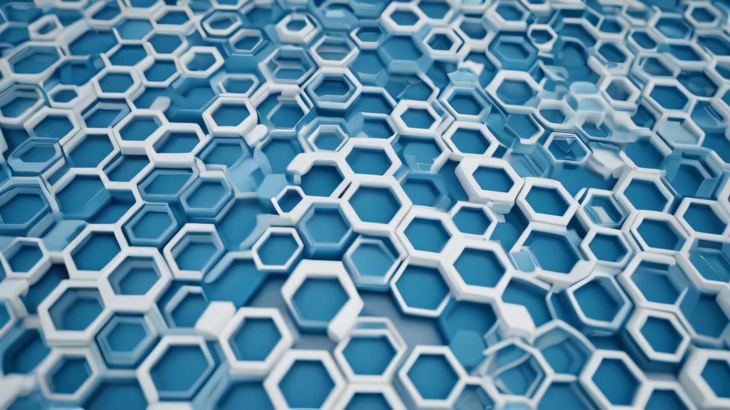 Abstract geometric pattern representing code organization featuring interlocking hexagons and flowing lines in bright blue and off-white colors shot from top-down perspective high-quality ultra-realistic cinematic 8K UHD high resolution sharp and detail