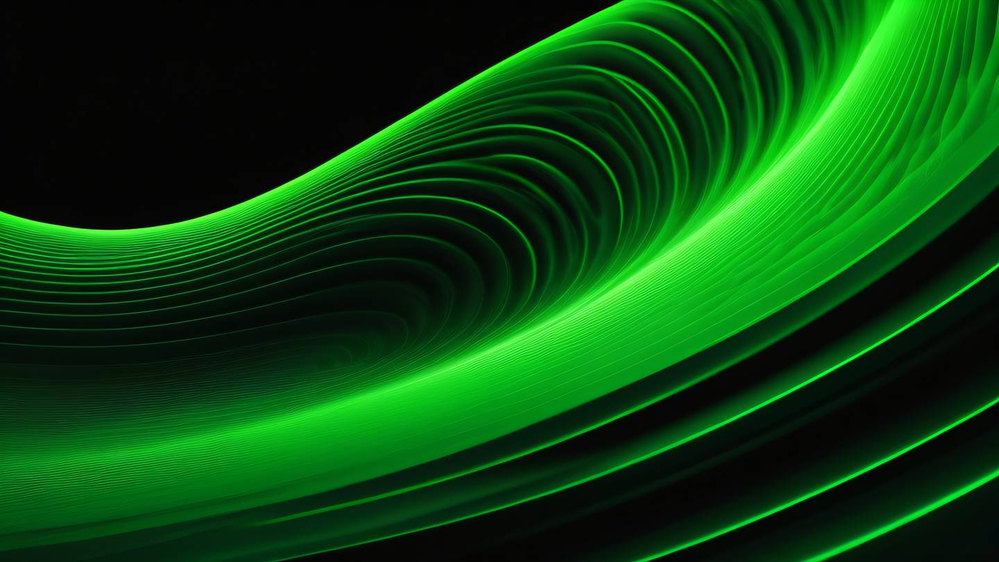 Flowing abstract waves and curves in bright neon green and black creating a dynamic composition captured from a diagonal perspective high-quality ultra-realistic cinematic 8K UHD high resolution sharp and detail