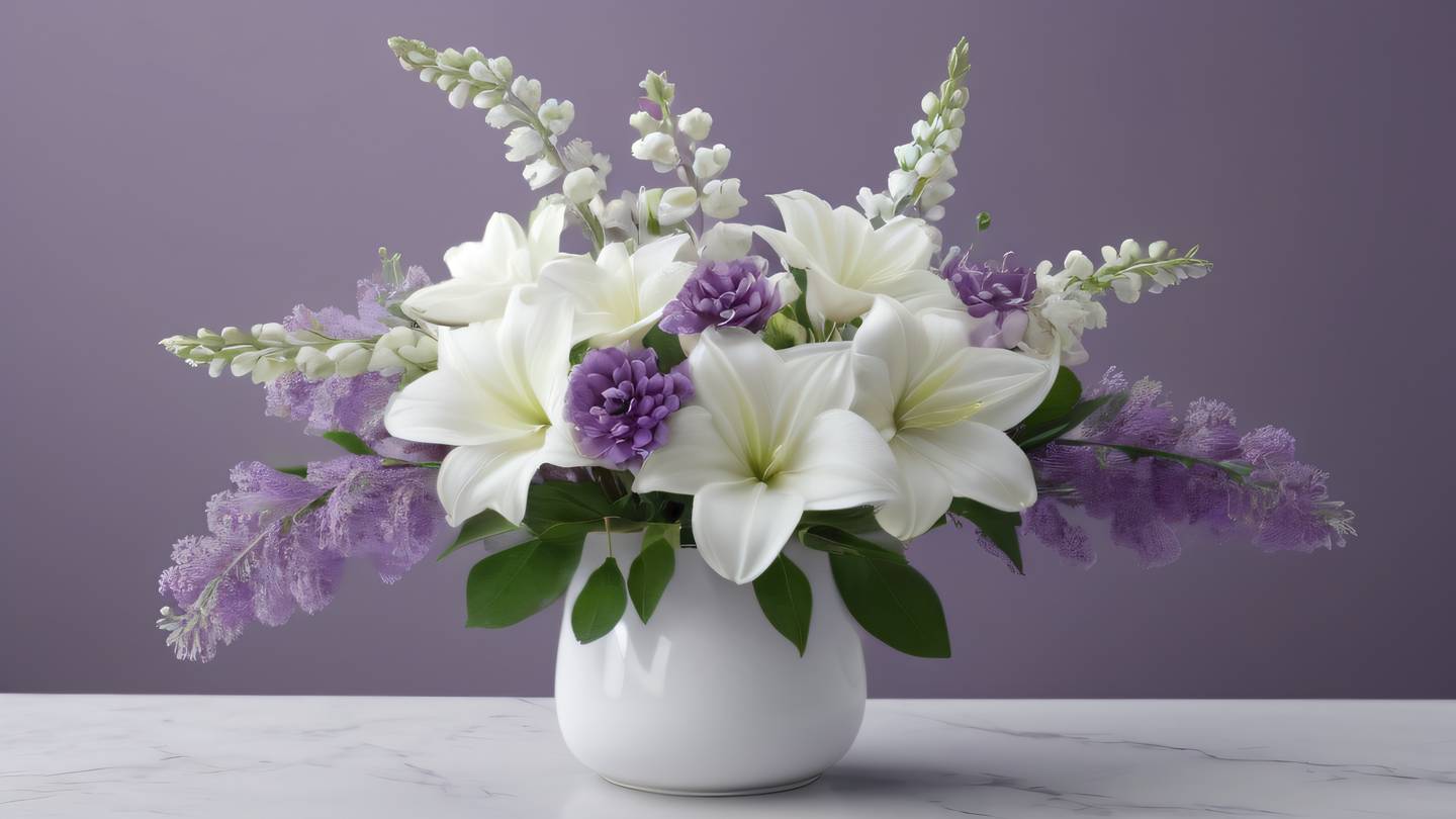 Elegant white flower arrangement with soft natural lighting against a clean backdrop in bright Amethyst color tones photographed from a slightly elevated front view high-quality ultra-realistic cinematic 8K UHD high resolution sharp and detail
