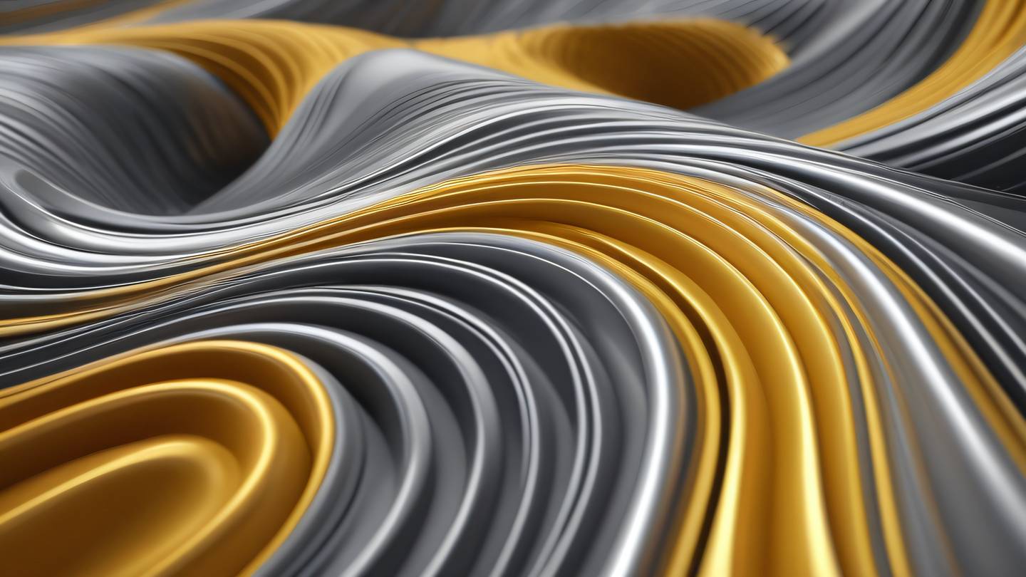 Abstract geometric patterns forming a flowing river-like structure featuring metallic silver and butterscotch yellow gradients captured from a 45-degree angle with elegant curves and precise edges ultra-realistic cinematic 8K UHD high resolution sharp and detailed