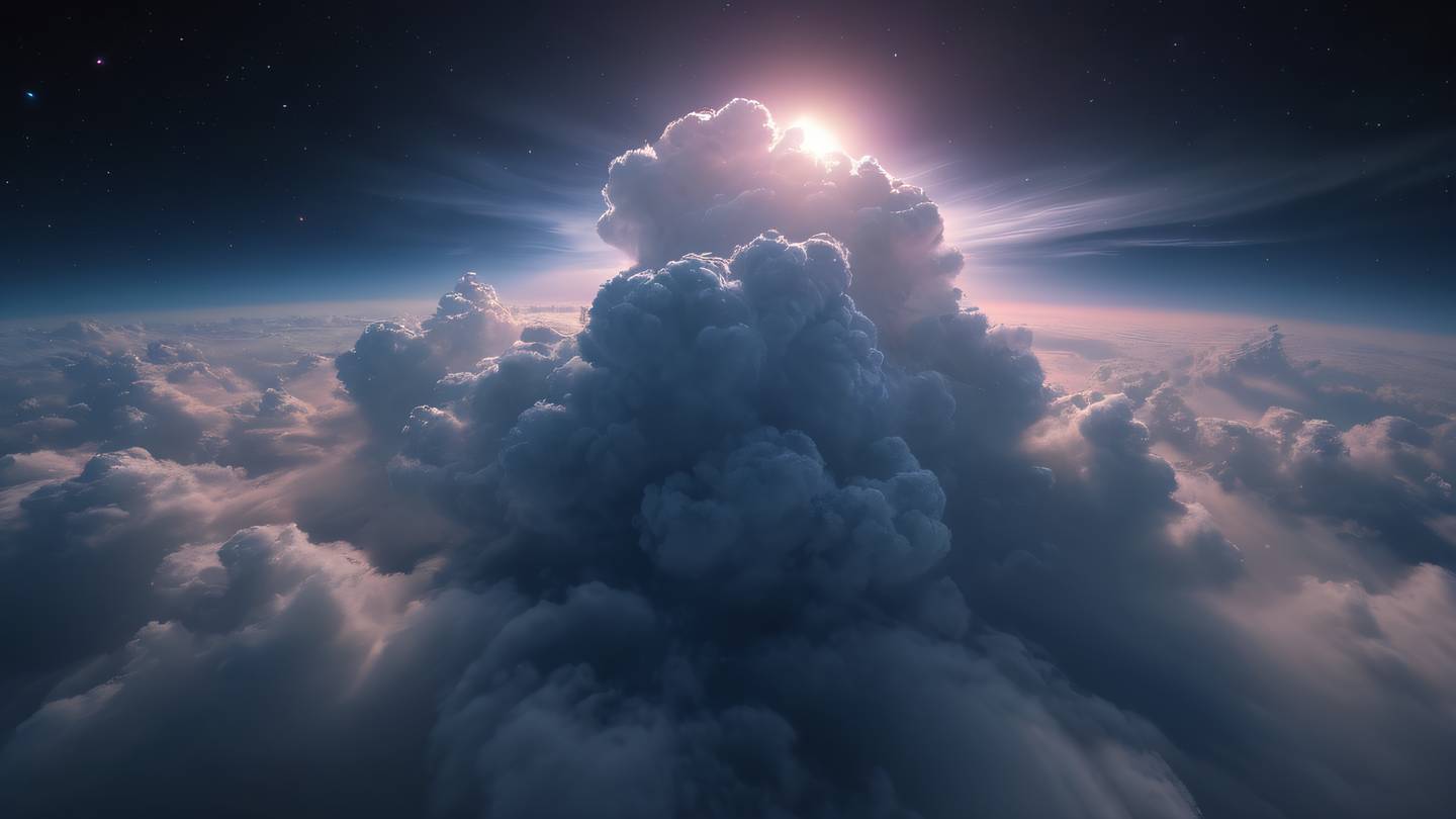 Nebulous cloud formations with swirling patterns of bright iridescent and black colors viewed from a Dutch angle (tilted perspective) creating an otherworldly atmosphere ultra-realistic cinematic 8K UHD high resolution sharp and detailed