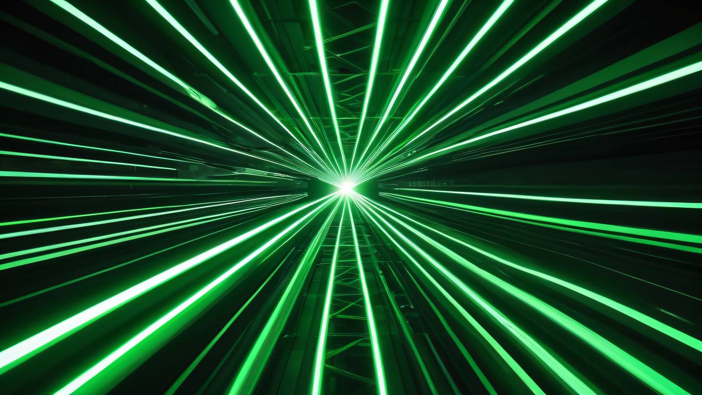 A dynamic abstract composition of intersecting geometric shapes and light trails in bright green and black shot from an extreme low angle perspective looking upward ultra-realistic cinematic 8K UHD high resolution sharp and detailed