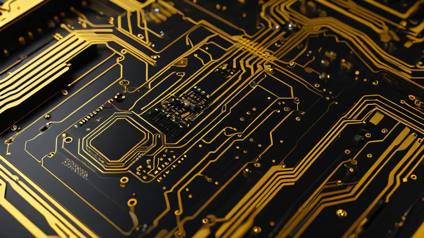 A glowing abstract robotic circuit board with sharp geometric patterns in butterscotch yellow and off-black colors viewed from top-down angle featuring intricate details and flowing energy lines high-quality ultra-realistic cinematic 8K UHD high resolution sharp and detail