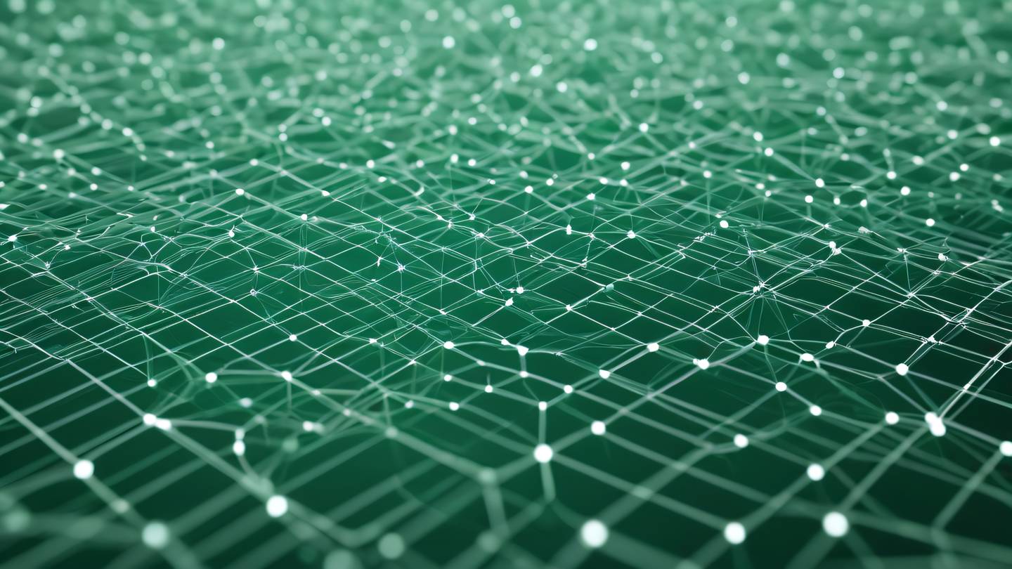Abstract flowing data streams visualization interconnected nodes forming a network pattern color palette: crisp white and emerald green camera angle: macro close-up with depth of field high-quality ultra-realistic cinematic 8K UHD high resolution sharp and detail