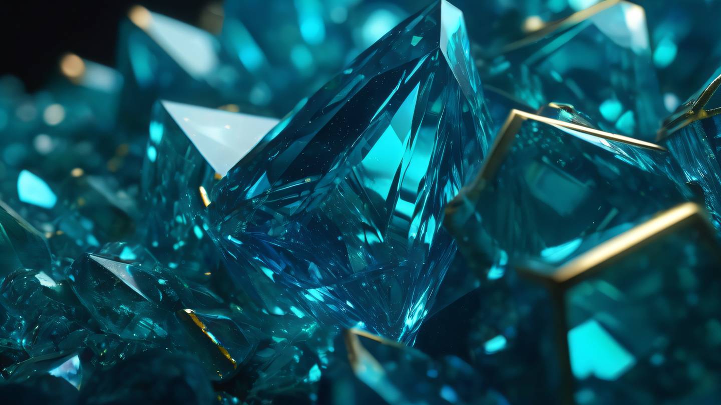 Crystalline gem-like structures reflecting light with prismatic effects featuring deep azure blue and emerald tones with golden highlights captured from a macro perspective high-quality ultra-realistic cinematic 8K UHD high resolution sharp and detail