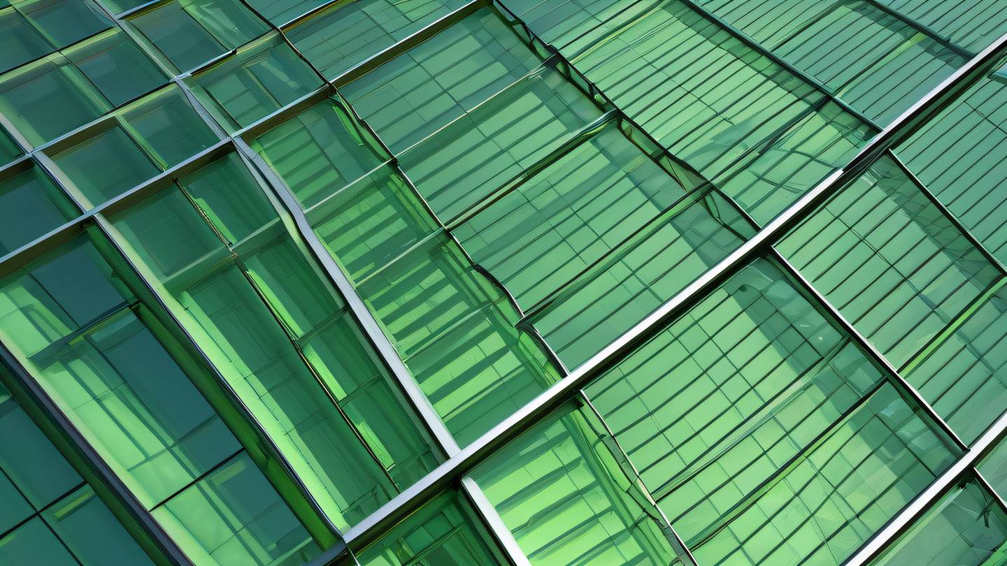 Abstract architectural structure with sweeping lime green glass panels and steel framework geometric patterns casting shadows photographed from a diagonal perspective high-quality ultra-realistic cinematic 8K UHD high resolution sharp and detail