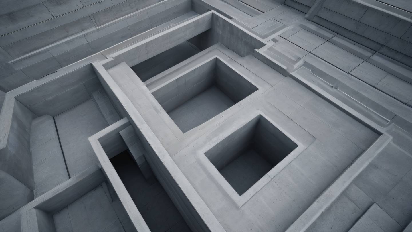 Minimalist gray concrete structure with sharp angles and clean lines featuring cascading levels and geometric windows captured from a bird's eye view high-quality ultra-realistic cinematic 8K UHD high resolution sharp and detail