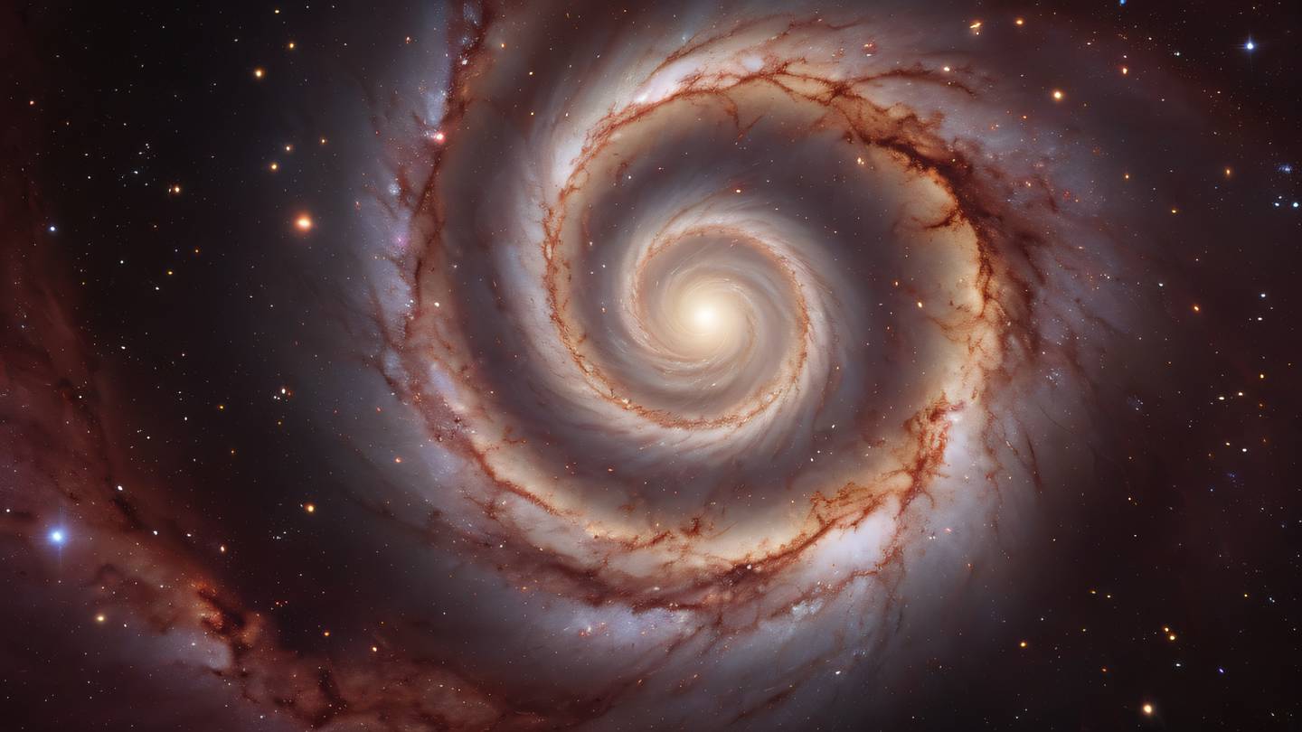 An ethereal cosmic scene with spiral galaxies and nebulae in bright cream and rich mahogany colors featuring geometric patterns and celestial bodies captured from a dramatic upward angle high-quality ultra-realistic cinematic 8K UHD high resolution sharp and detail