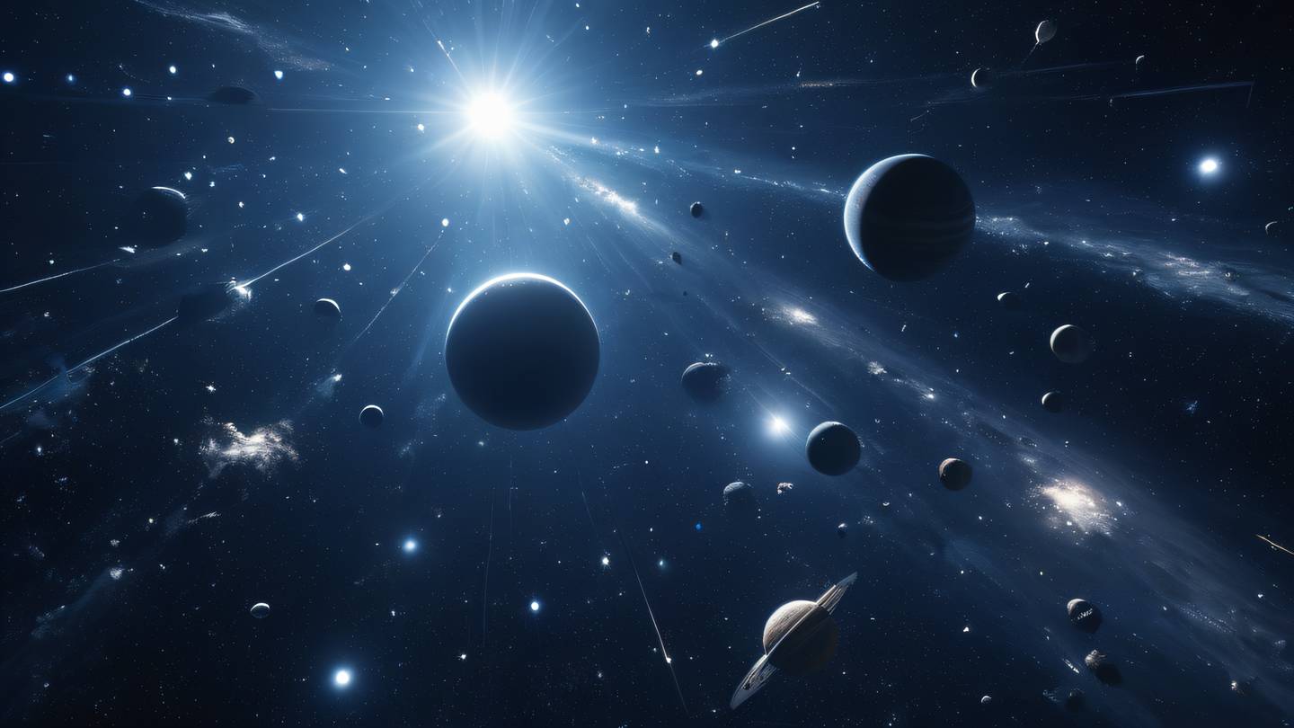 A cosmic abstract visualization featuring floating geometric shapes and celestial bodies with predominant navy blue and whisper white colors scattered stardust elements ultra-realistic cinematic lighting 8K resolution sharp detail high-quality rendering captured from a wide-angle perspective with slight upward tilt