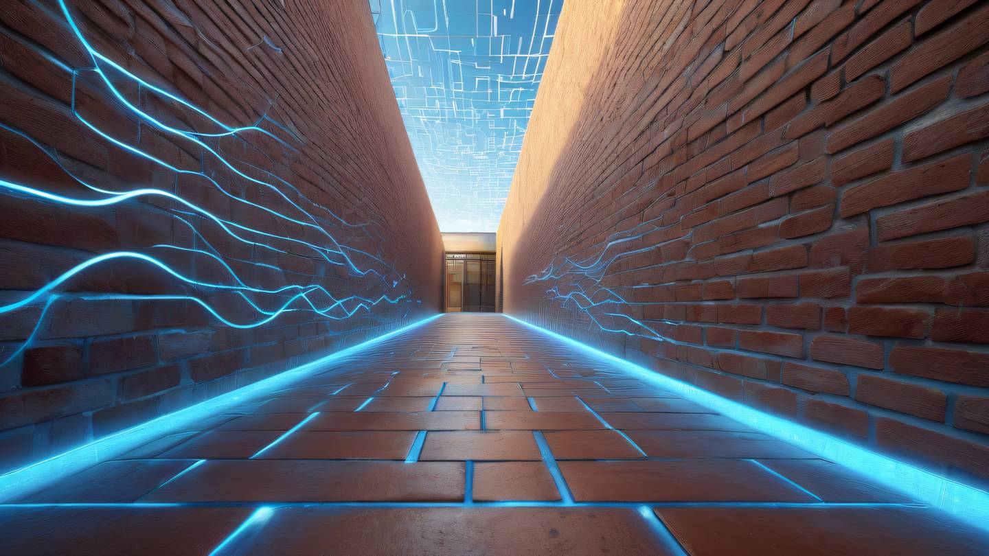 Abstract flowing waves of energy resembling digital connections dominant colors of sun-washed brick and breezeway blue with subtle light trails and geometric patterns ultra-realistic cinematic quality 8K UHD sharp details captured from a low angle with dramatic perspective