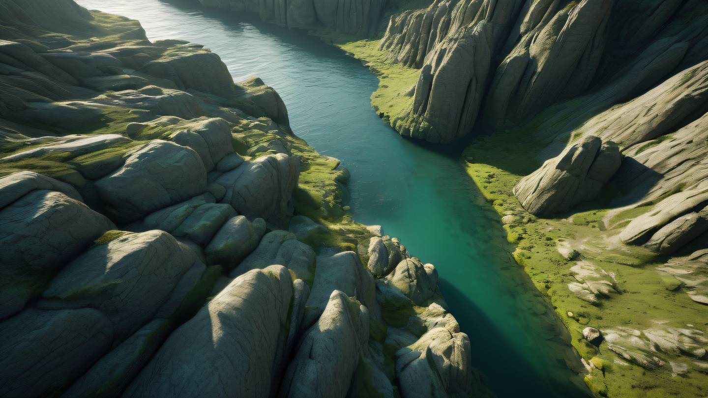 A minimalist landscape of geometric rock formations and flowing water featuring etched glass and green colors with orange accents dramatic shadows and light play ultra-realistic textures cinematic composition 8K resolution photographed from a bird's eye view