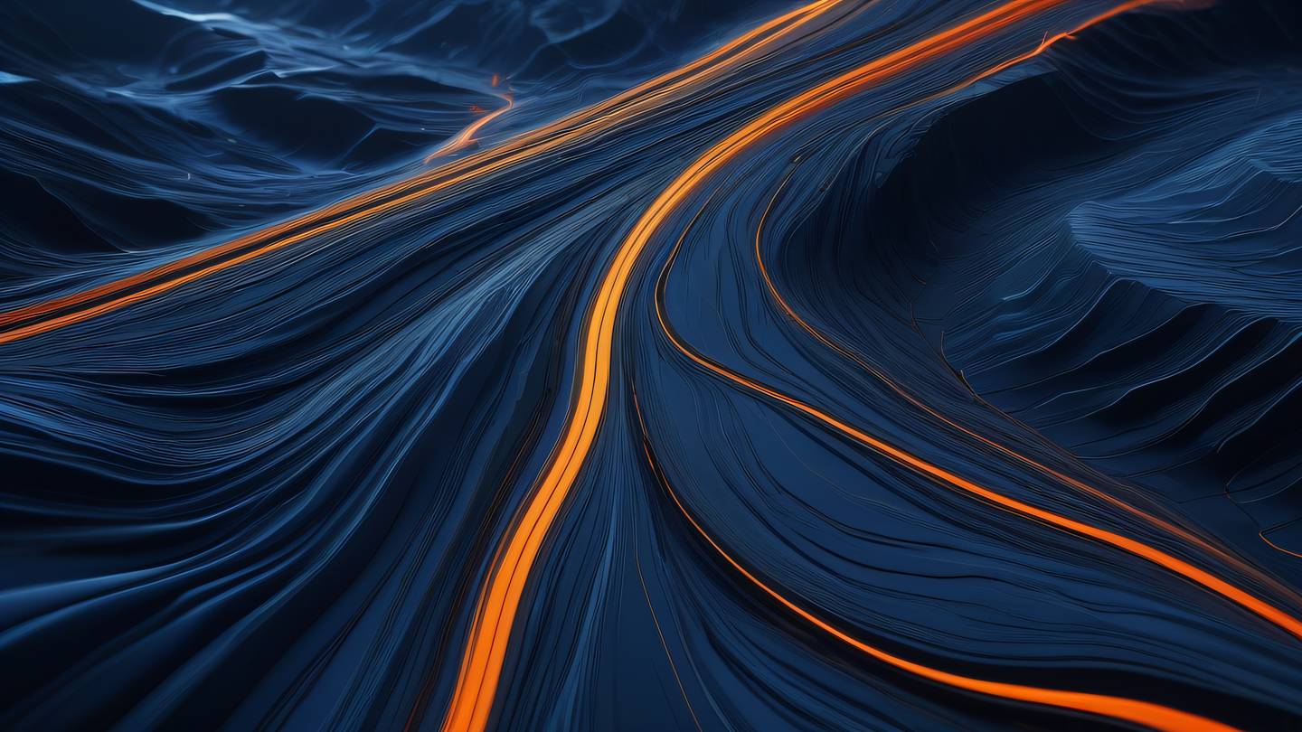 Abstract terrain visualization with flowing lines and geometric patterns dominant dark blue and bright orange colorway with subtle metallic reflections high-quality render ultra-realistic textures cinematic lighting 8K UHD captured from a 45-degree aerial view
