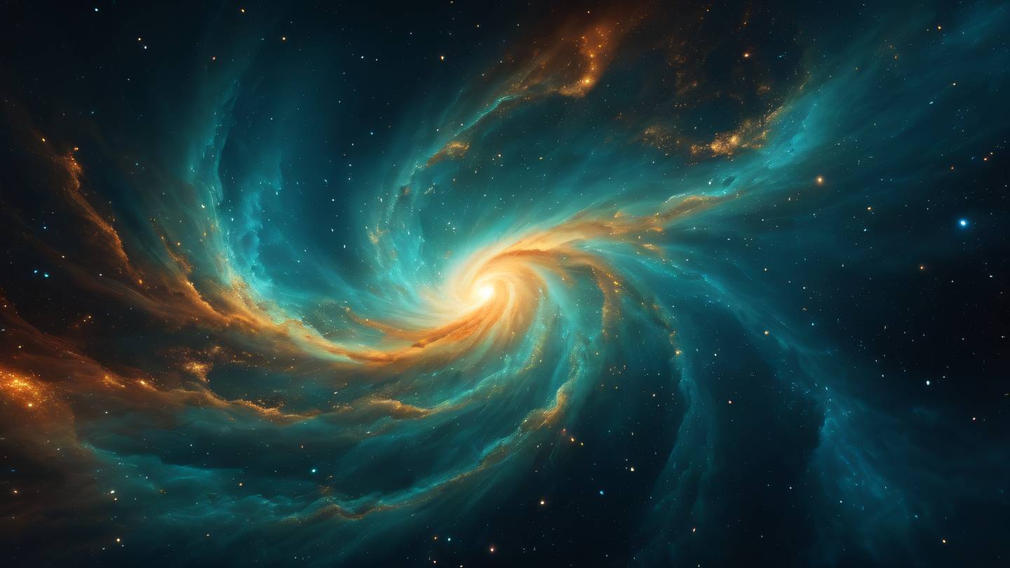 Abstract cosmic nebula with swirling patterns of bright teal and golden orange energies celestial dust particles scattered across a deep navy background ethereal wisps of light creating a dreamy atmosphere high-quality ultra-realistic cinematic 8K UHD high resolution sharp and detail