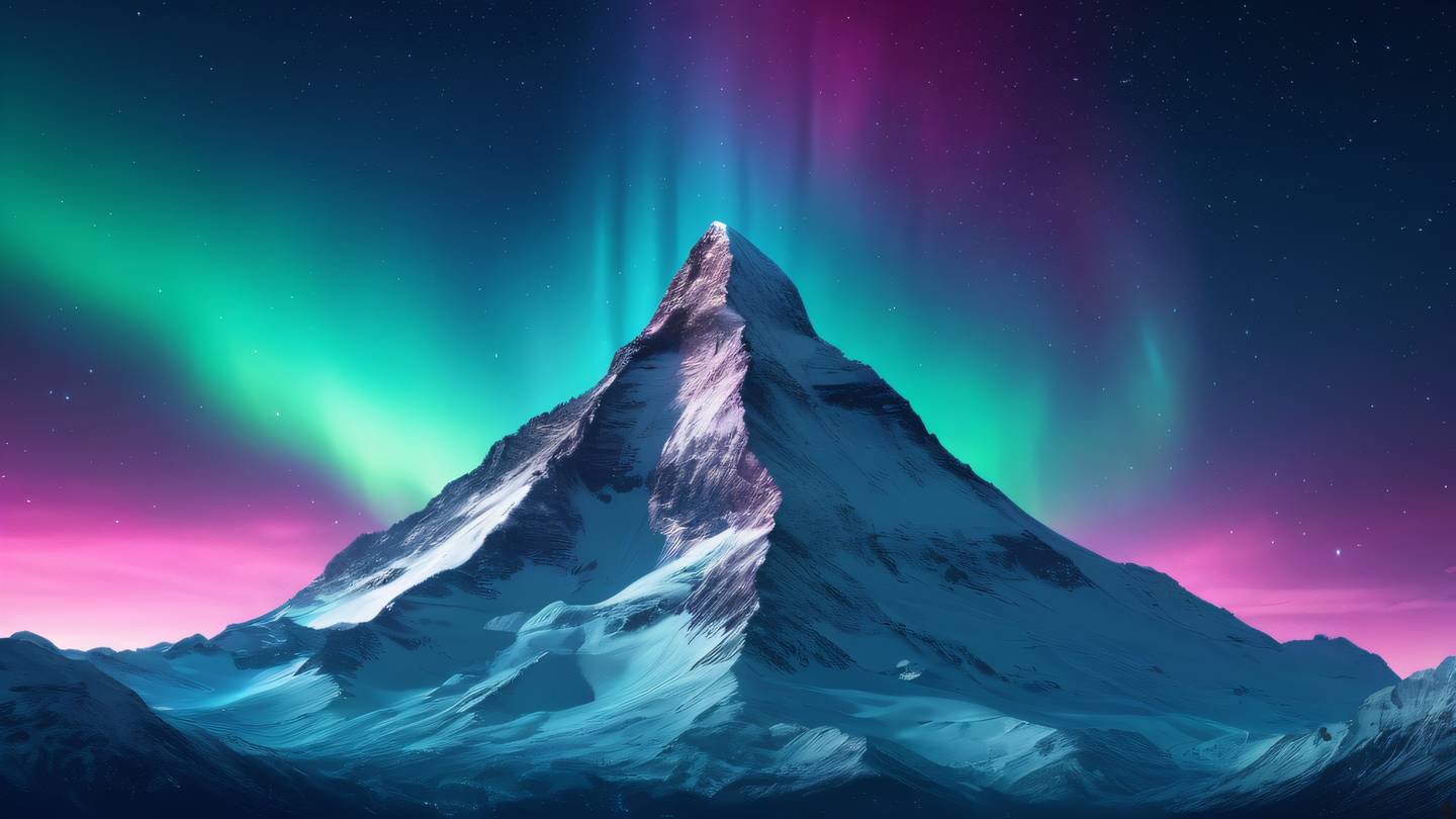 A majestic snow-capped mountain peak floating in space surrounded by bright aurora borealis in vibrant cyan and magenta colors stars twinkling in the background high-quality ultra-realistic cinematic 8K UHD high resolution sharp and detail