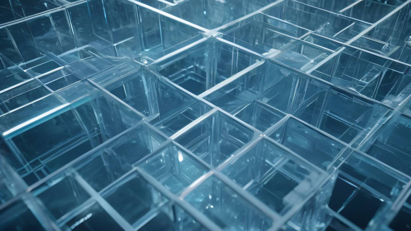 A minimalist geometric path through a crystal maze featuring interconnected translucent crystal structures dominant light blue and silver colors sharp crystalline formations representing routes aerial view perspective high-quality ultra-realistic cinematic 8K UHD high resolution sharp and detail